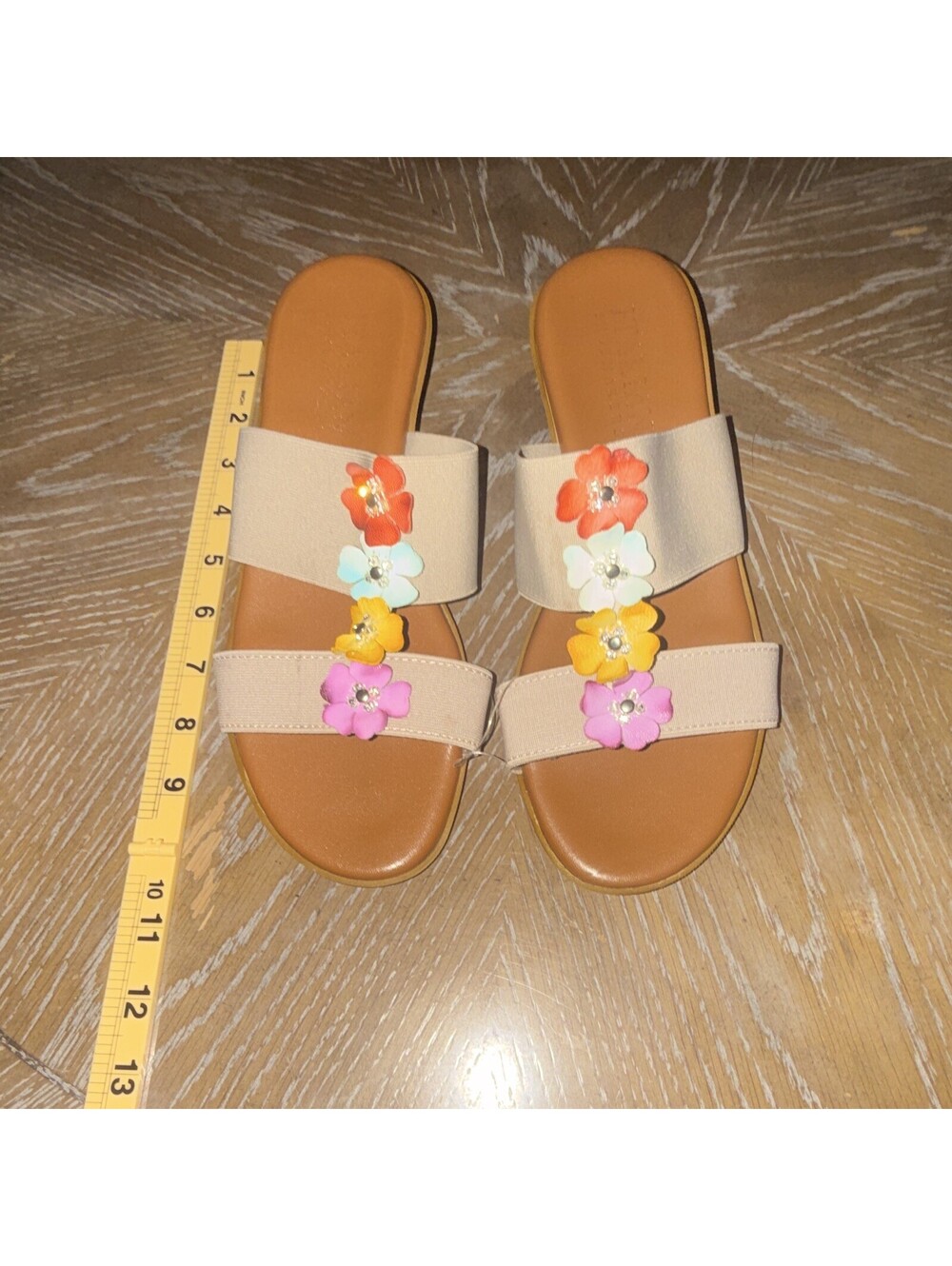 Italian Shoemakers Beige Floral Slide Wedge Sandals Flower Rhinestone US 10
